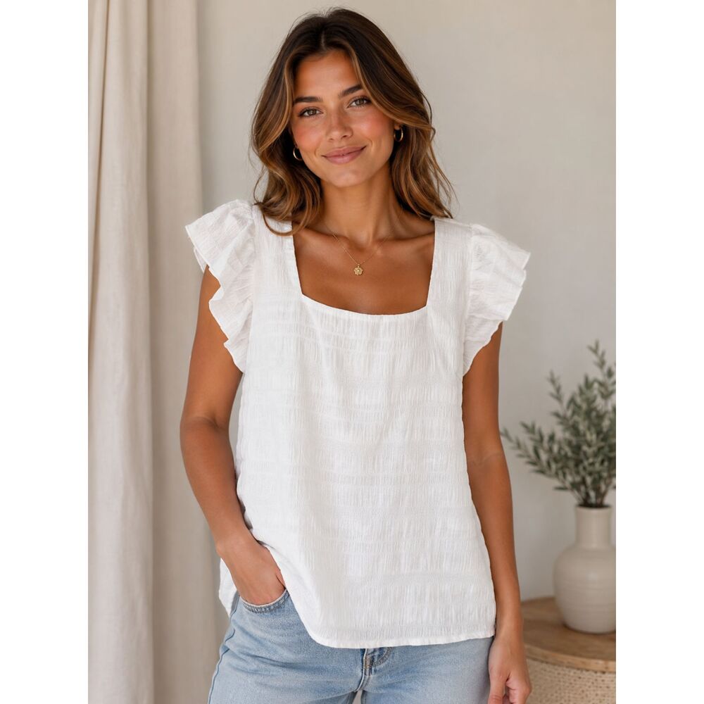 White Smocked Ruffled Cap Sleeve Blouse